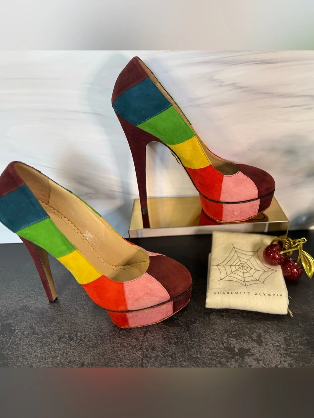 Charlotte Olympia Rainbow Suede Platform Pumps Heels, Size 38